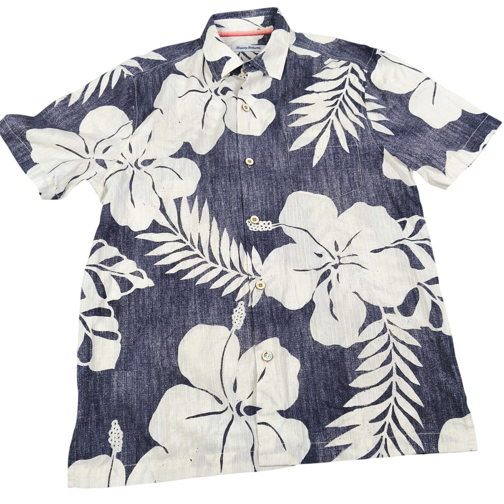 Tommy Bahama Blue Hibiscus Hawaiian Camp Shirt Cotton Silk Mens‎ M